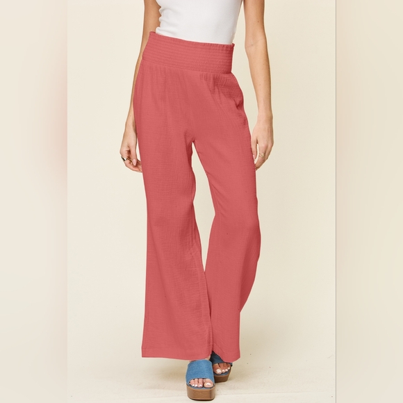 Double Take Full Size Texture Smocked Waist Wide Leg Pants - Picture 2 of 6